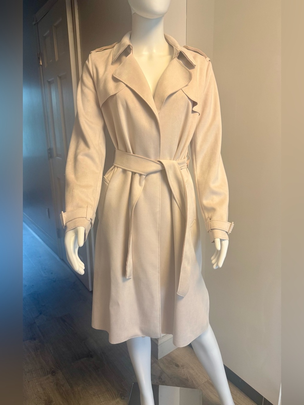 Tahari Soft Pink Blush Trench Coat with Branded Chain Detail, Size S